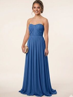 David's Bridal Dusty Blue Convertible Strapless Pleated Maxi Dress (C-2)